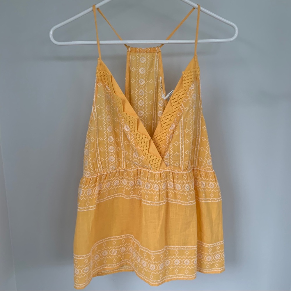 Anthropologie yellow top with white embroidery